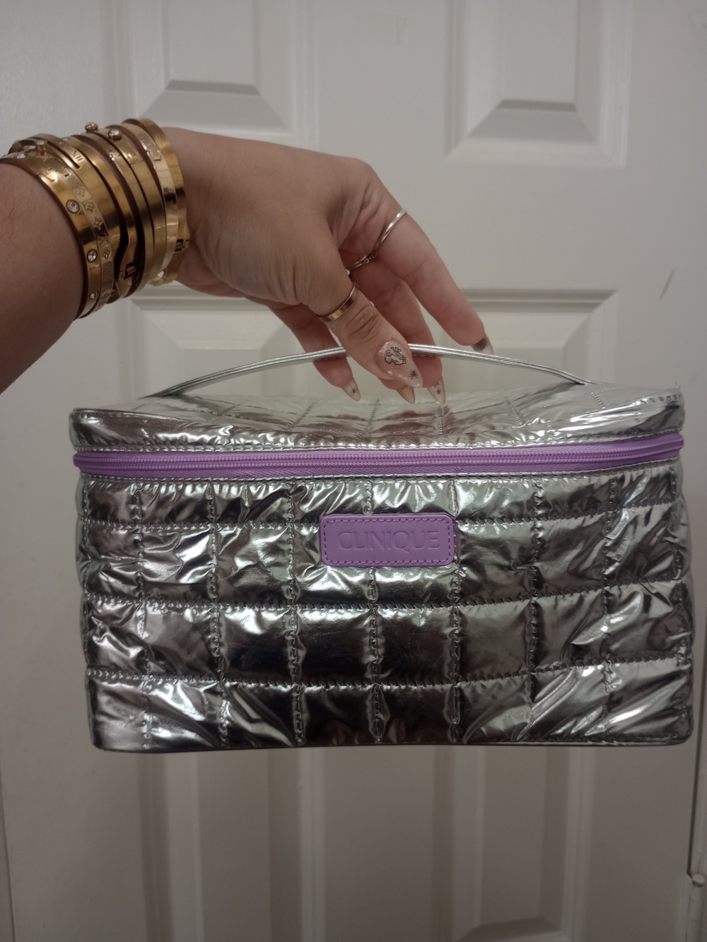 Clinique Metallic Silver Quilted Cosmetic Case with Purple Trim